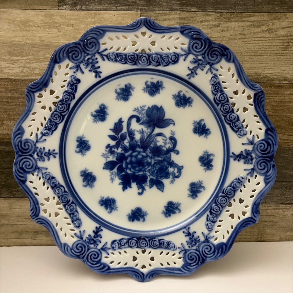 VINTAGE Cracker Barrel Blue & White Torte Plate PIERCED Border SCALLOPED Floral